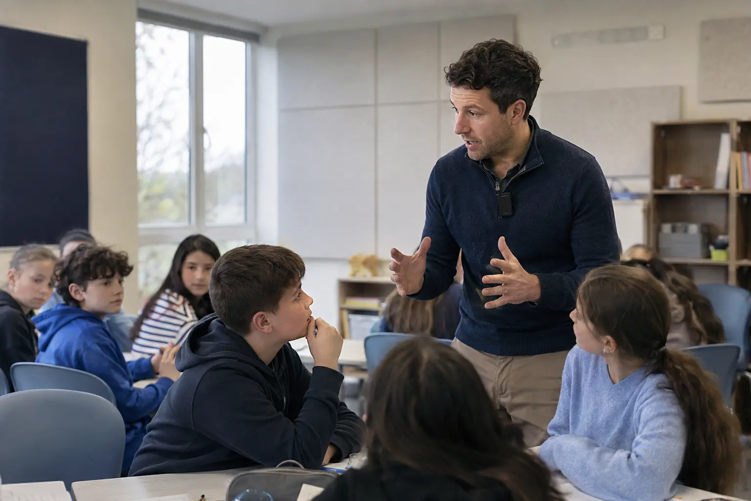 Teacher using a remote microphone during a discussion in a modern Irish classroom